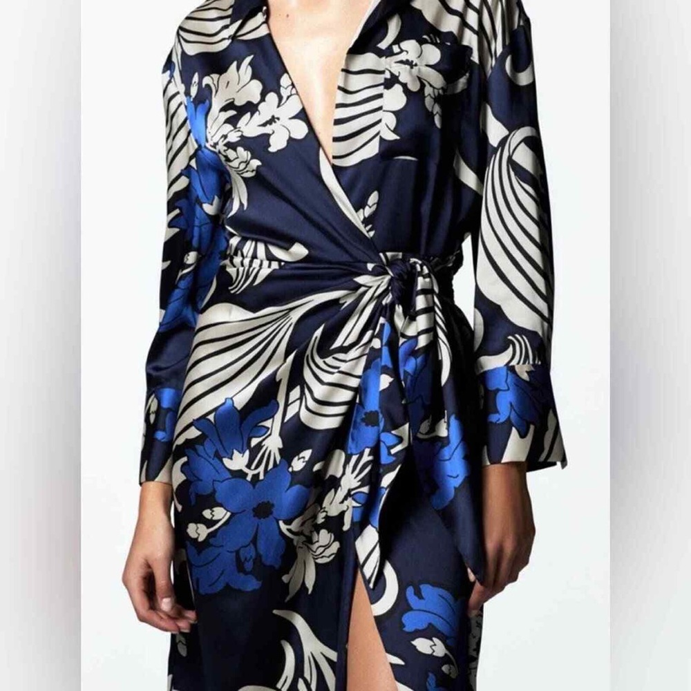 Zara Navy Blue and White Floral Wrap Midi Dress